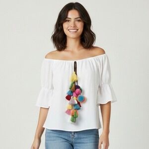 Love J White Off Shoulder Tassel Pom Pom Top Blouse Boho Festival Size Small